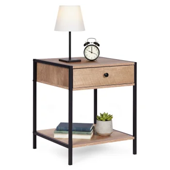 Industrial Nightstand with Drawer and Shelf ModernHome Bedside Table, Light Oak