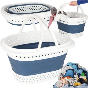 Collapsible Silicone Laundry Basket 32L, White/Blue