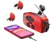 Portable radio with LED flashlight, solar panel, hand crank dynamo and USB power bank, red/black/green
