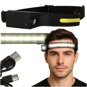 LED headlamp with rechargeable battery, USB-C charging, motion sensor