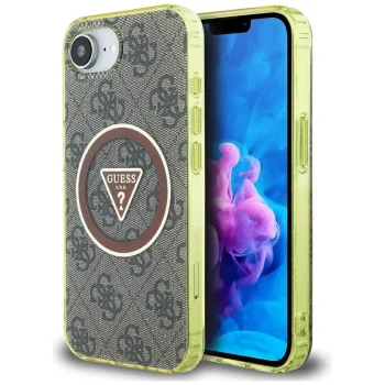 Guess IML Metal Glitter 4G Circle Triangle MagSafe Case for iPhone 16e - Brown
