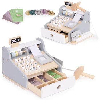 Ecotoys Wooden Kids Cash Register with Scanner and Money