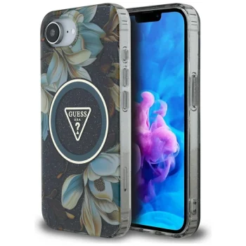 Guess IML Metal Glitter Flowers Triangle MagSafe Case for iPhone 16e, Black
