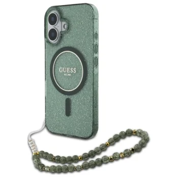 Guess iPhone 16 Plus Case IML Glitter With Pearl Strap MagSafe, Green