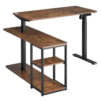 Ergo Office ER-450 Electric Height Adjustable Desk with Shelves, Rustic Brown