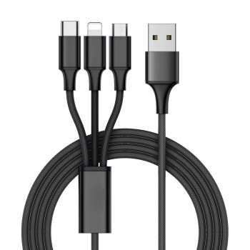 USB 3-in-1 charging cable for phone, Lightning, Micro USB, Type-C, 1.2m, black