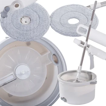 360 Spin Rotating Mop with Wheeled Bucket, 2 Microfiber Pads, White