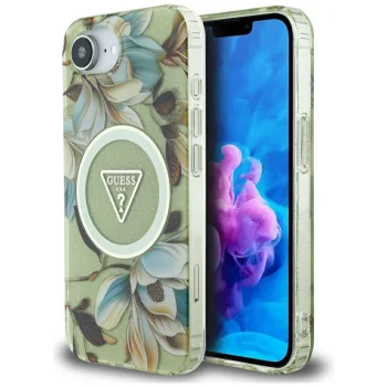 Guess IML Metal Glitter Flowers Triangle MagSafe Case for iPhone 16e - Green