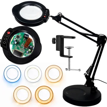 Desk Magnifier Lamp 10x with Adjustable Arm, LED Light and Base, Black