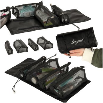 Roll-Up Travel Toiletry Bag 4-in-1 with Detachable Pouches, Large, Black