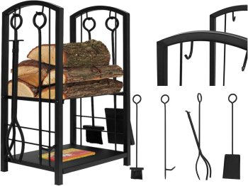 Metal Fireplace Firewood Log Holder Rack + Accessories Tool Kit Tong Shovel Brush Poker 5 pcs