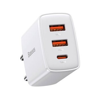 Baseus Compact 2xUSB + Type C Portable Wall Charger Adapter 30W, White