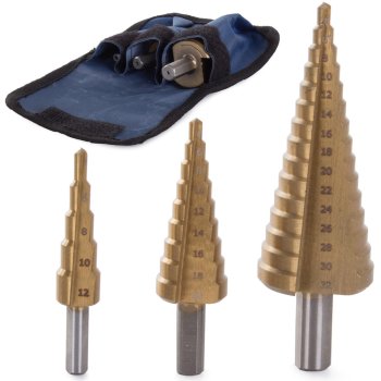 Step cone drill bit set for metal, HSS titanium coated, 3 pcs