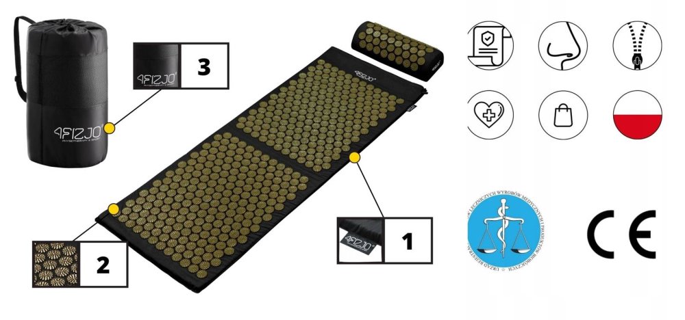 4Fizjo Acupressure Acupuncture Massage Mat Set with Pillow, 110x42 cm, Black/Gold (1)