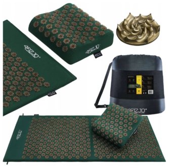 4Fizjo ERGO Acupressure Acupuncture Massage Mat Set with Pillow, 110x42 cm, Green/Gold
