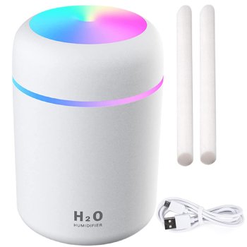 Mini Air Humidifier and Essential Oil Diffuser with RGB Light, USB, White