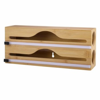 Bamboo Cling Film Dispenser and Kitchen Organizer with Cutter, brown