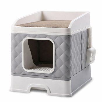 Enclosed Cat Litter Box with Drawer and Scratching Post, White-Grey