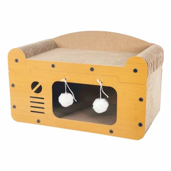 Cat Scratcher House 3-in-1 Cardboard Bed and Hideout, Beige-Brown