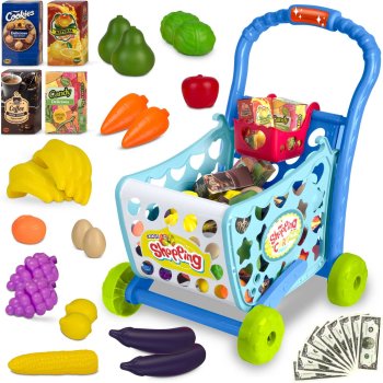 Ricokids 773400 Kids Toy Shopping Cart with Play Food, Blue
