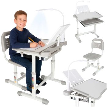 Kids Adjustable Desk and Chair Set with USB LED Lamp for Studying, Grey