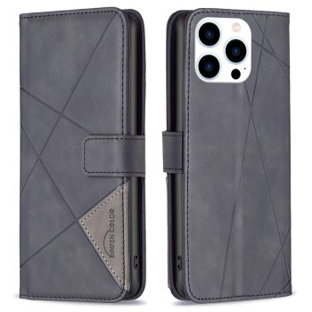 Apple iPhone 14 Pro 6.1'' Geometric Texture Wallet Stand Leather Phone Book Case Cover, Black