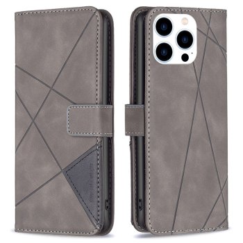 Apple iPhone 14 Pro 6.1'' Geometric Texture Wallet Stand Leather Phone Book Case Cover, Grey