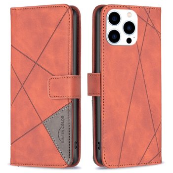 Apple iPhone 14 Pro 6.1'' Geometric Texture Wallet Stand Leather Phone Book Case Cover, Brown