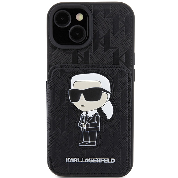 Apple iPhone 15 6.1" Karl Lagerfeld Saffiano Cardslots And Stand Monogram Ikonik Patch Case Cover (Klhcp15ssakknsck),... (1)