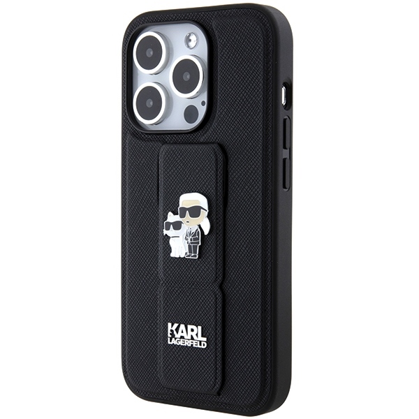 Apple iPhone 15 Pro 6.1'' Karl Lagerfeld Gripstand Saffiano Karl & Choupette Pins Cover Case, Black (1)