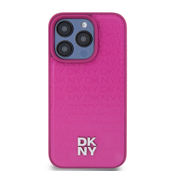 Apple iPhone 15 Pro 6.1'' DKNY Leather Monogram Pattern Metal Logo MagSafe Case Cover, Pink (1)