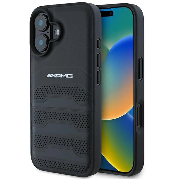 AMG Leather Debossed Lines Black Logo Case for iPhone 16 - black