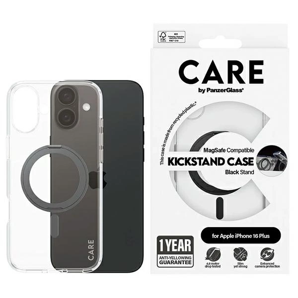 Apple iPhone 16 Plus 6.7'' CARE by PanzerGlass Feature Kickstand MagSafe Case Cover, Black