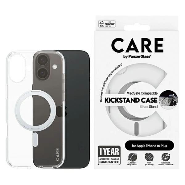 Apple iPhone 16 Plus 6.7'' CARE by PanzerGlass Feature Kickstand MagSafe Case Cover, Silver
