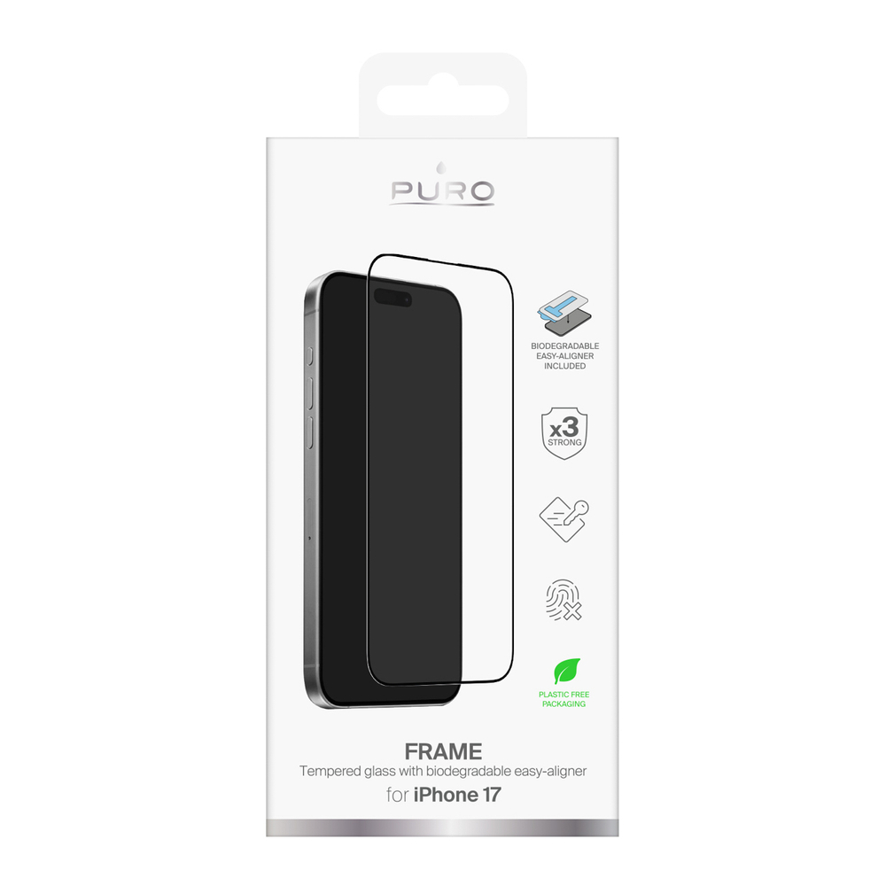 Puro Frame tempered glass iPhone 17 with applicator and black frame (0)