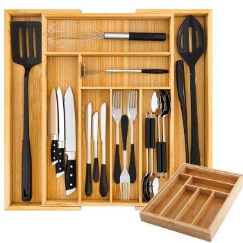 Expandable Bamboo Cutlery Drawer Organizer, 8-Compartment Kitchen Utensil Tray XL