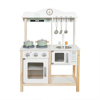 Wooden play kitchen for kids and toddlers with microwave and accessories playset