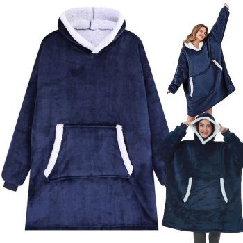 Warm Oversized Hoodie Blanket 2-in-1 with Hood and Pocket, Navy Blue
