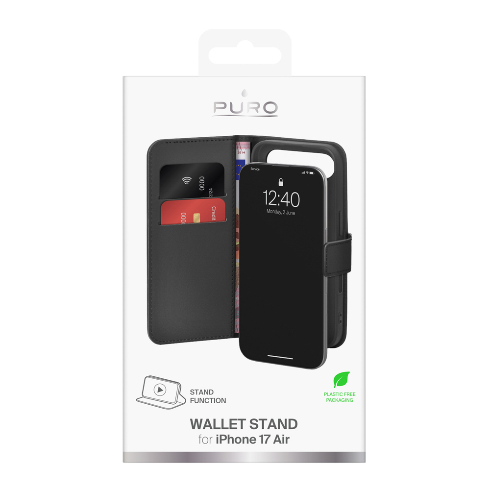 Puro Wallet Stand Phone Case Cover iPhone 17 Air made of eco-leather, with a flap, wallet and stand function - black (0)