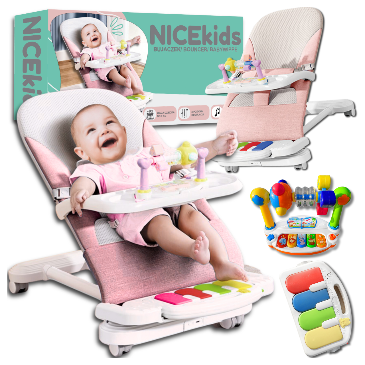 Nicekids Folding Baby Lounger Rocking Chair + Piano Rattles Toys, Pink