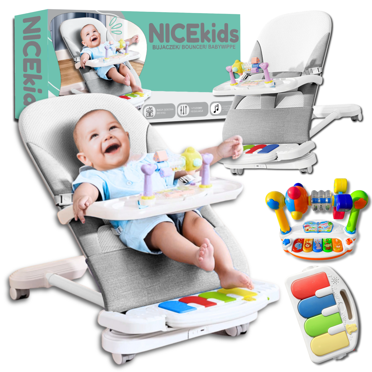 Nicekids Folding Baby Lounger Rocking Chair + Piano Rattles Toys, Grey