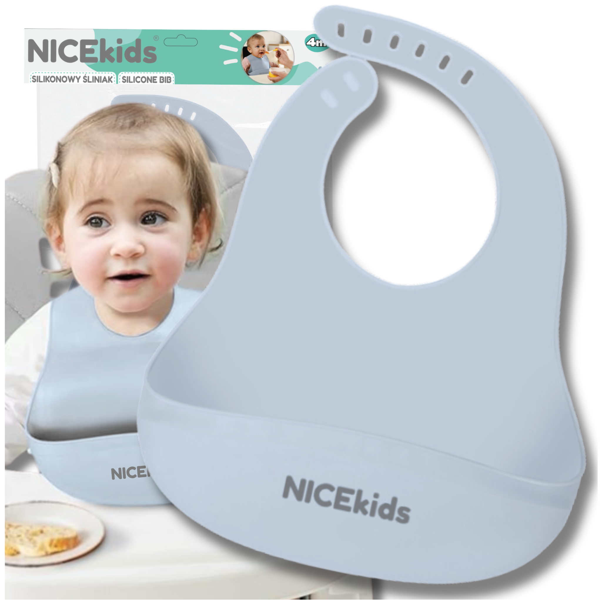 Nicekids Silicone Baby Bib with Pocket, Waterproof Crumb Catcher for Toddlers, Blue