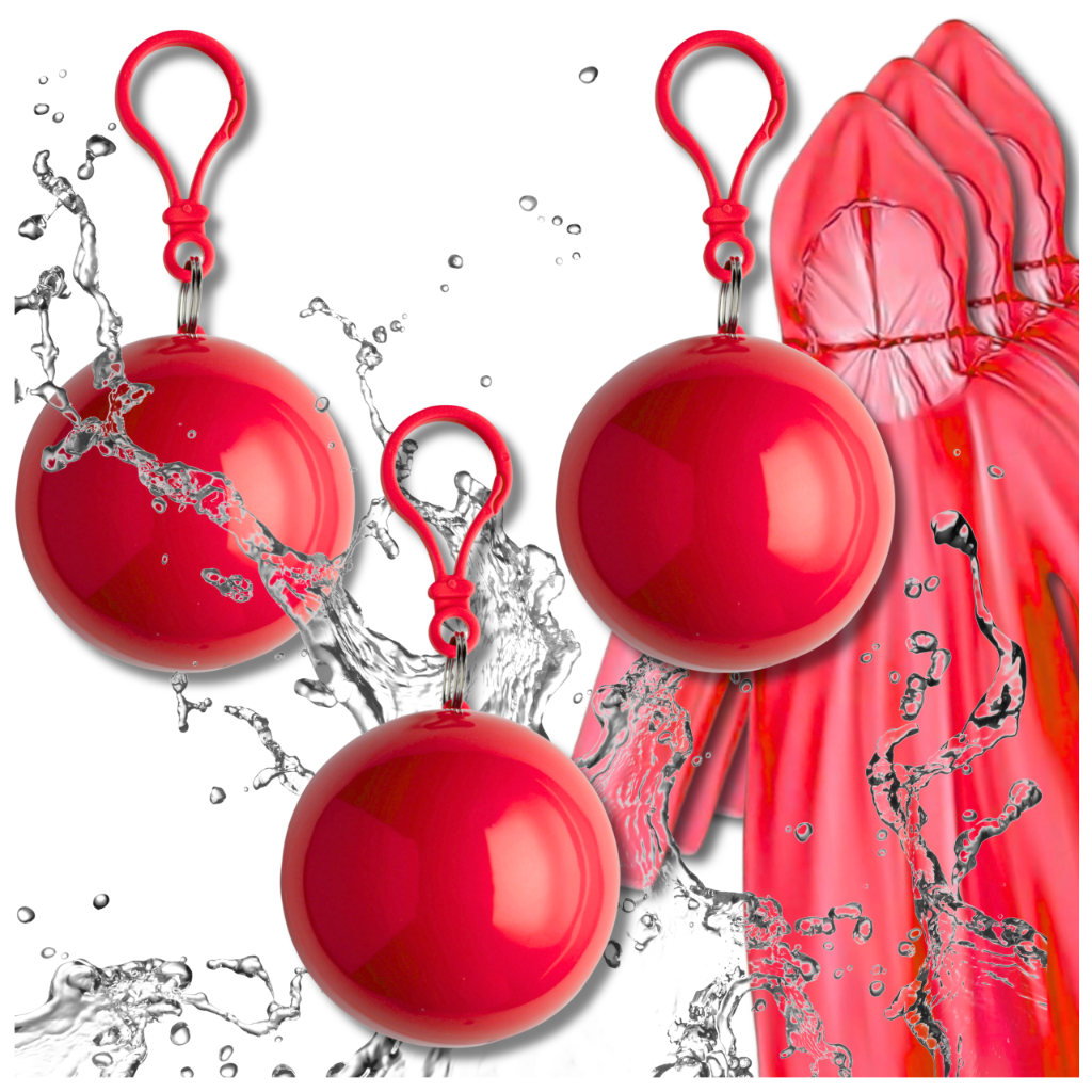 Emergency Rain Poncho in a Ball with Carabiner, Set of 3, Red