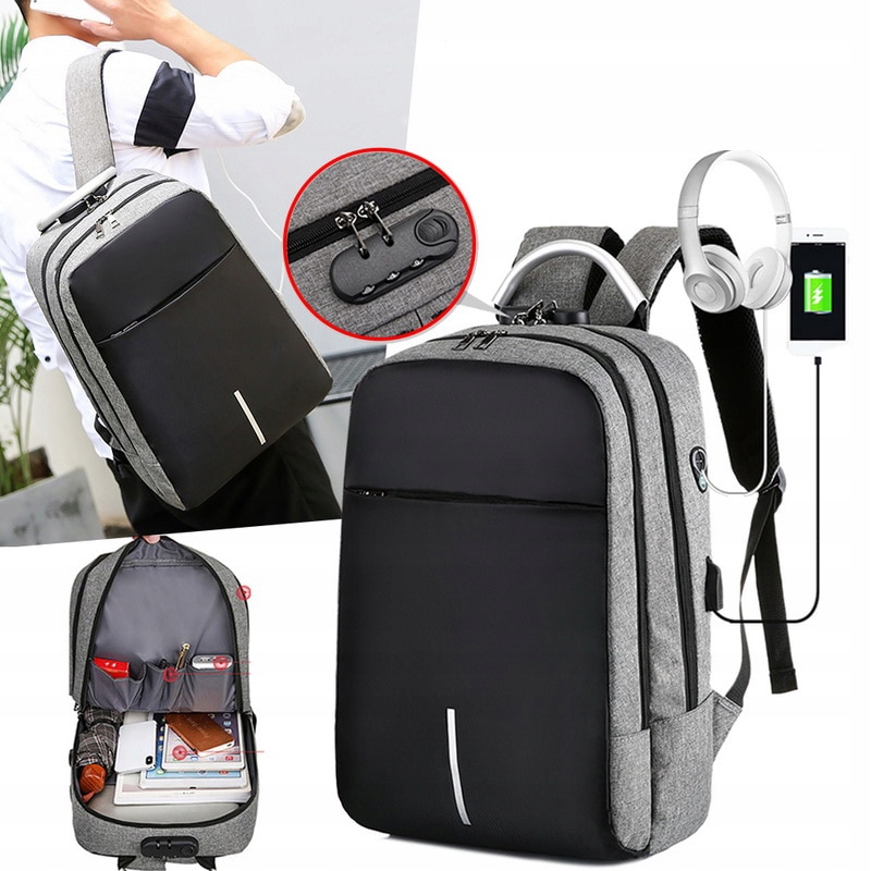 Anti-Theft Waterproof Backpack Bag Rucksack with USB Charging Port 25L, Grey (4)