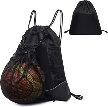 Drawstring Sports Backpack with Mesh Ball Pocket, Black