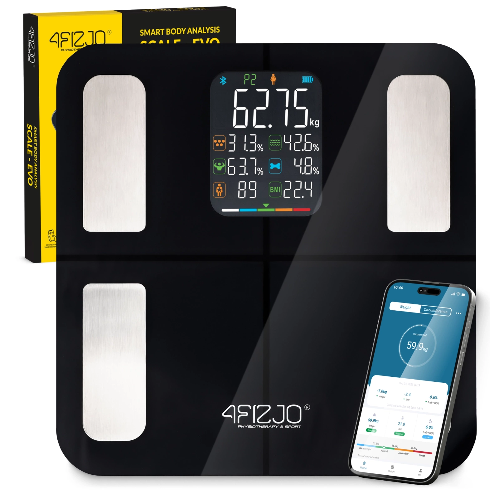 EVO 4FIZJO Smart Scale Body Fat Analyzer with Bluetooth App, Black