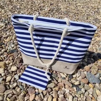 Beach Picnic Bag from Jute with Stripes + Small Wallet, 22L
