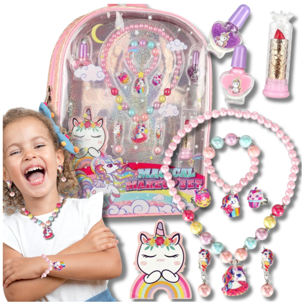 Jewelry Set for Kids in Backpack "Unicorn" Bracelet Necklace Lipstick