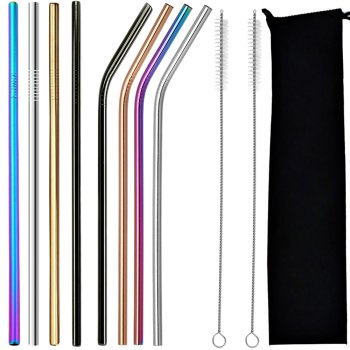 A set of 8 Reusable Eco-Friendly Metal Drinking Straws with Cleaning Brush and Pouch, Multicolored