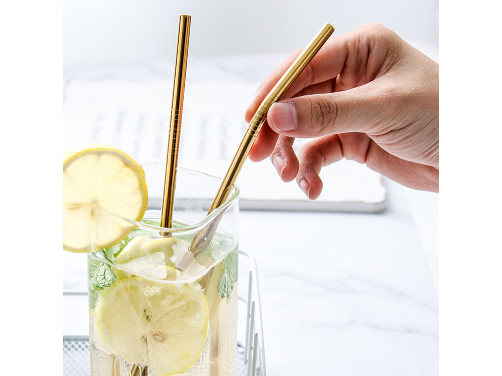 A set of 8 Reusable Eco-Friendly Metal Drinking Straws with Cleaning Brush and Pouch, Multicolored (8)